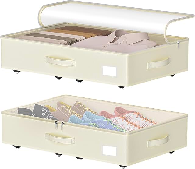 Rolling beige under bed storage bins, no assembly