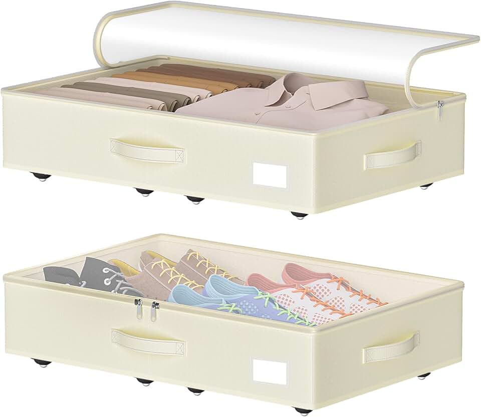 Rolling beige under bed storage bins, no assembly