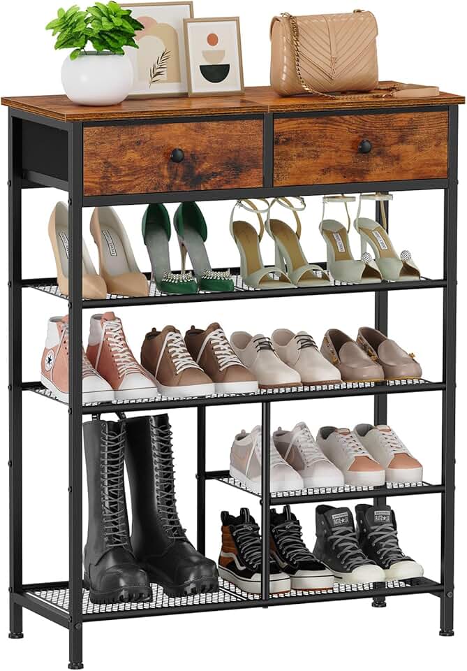 5-Tier Shoe Rack with Drawers and Wooden Top