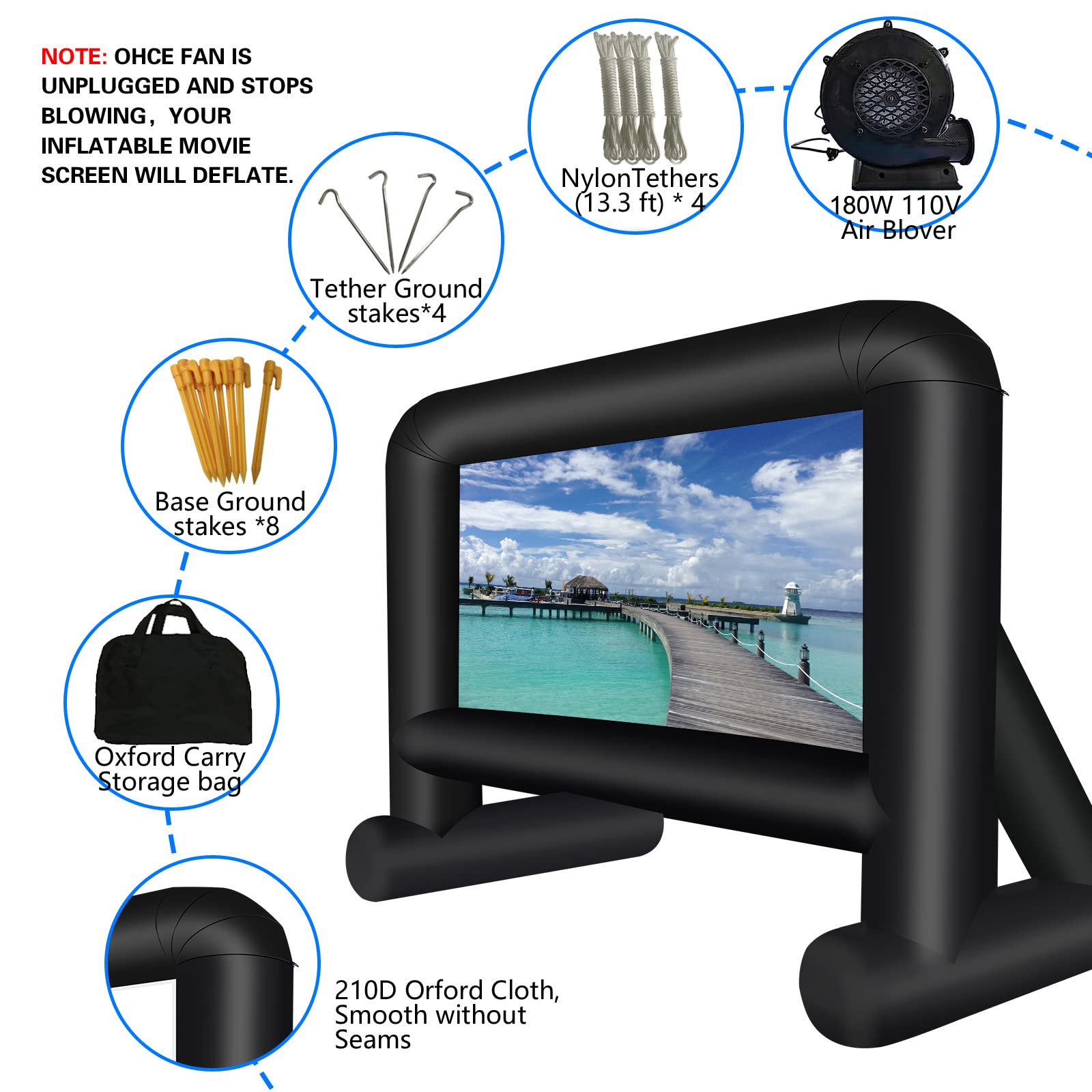 16 Feet Inflatable Movie Screen Outdoor, Projection Screen with Air Blower, Tie-Downs and Storage Bag - Easy Set up, Mega Blow Up Screen for Backyard Movie Night, Theme Parties, Celebrations