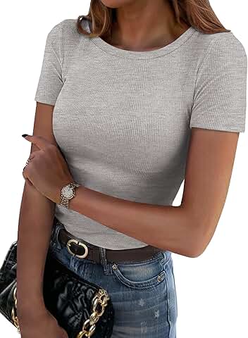 Women's Short Sleeve Ribbed Knit Slim Fit Tee