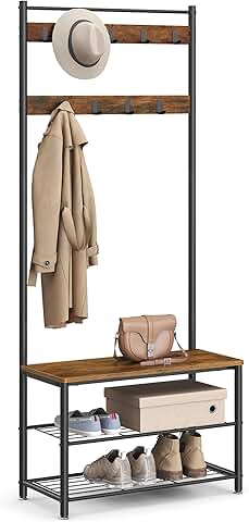Rustic Brown and Black 3-in-1 Entryway Coat Rack Bench