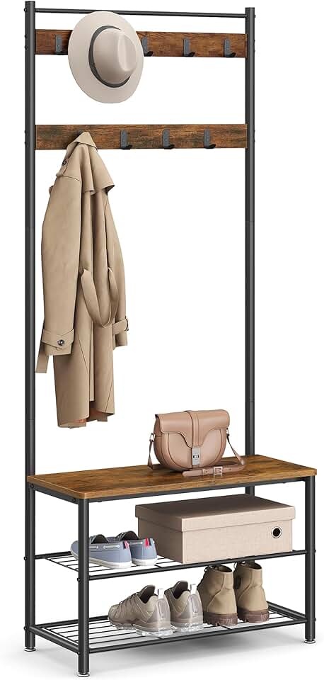 Rustic Brown and Black 3-in-1 Entryway Coat Rack Bench