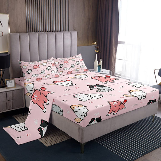 Kids Cute Cat Sheet Set,Cartoon Pet Cats Toddler Bedding Set for Child Boys Girls,K aii Kitten P Print Bed Sheets,Cat Lover's Animal Themed Design Quilt Set Bedroom 4Pcs Full