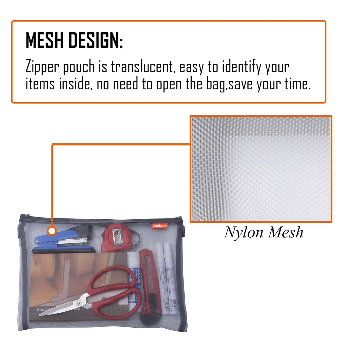 Set of five lightweight mesh zipper pouches for travel and office storage
