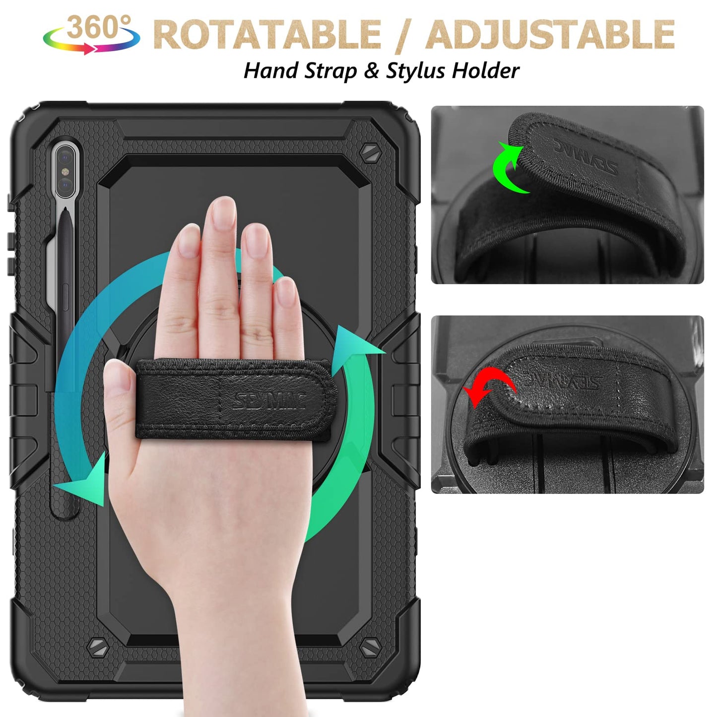 Case for Samsung Galaxy Tab S8 Plus/ S7 FE Case 12.4'' with Screen Protector Pencil Holder [360 Rotating Hand Strap] &Stand, Drop-Proof Case for Galaxy Tab S8 Plus/ S7 FE, Black