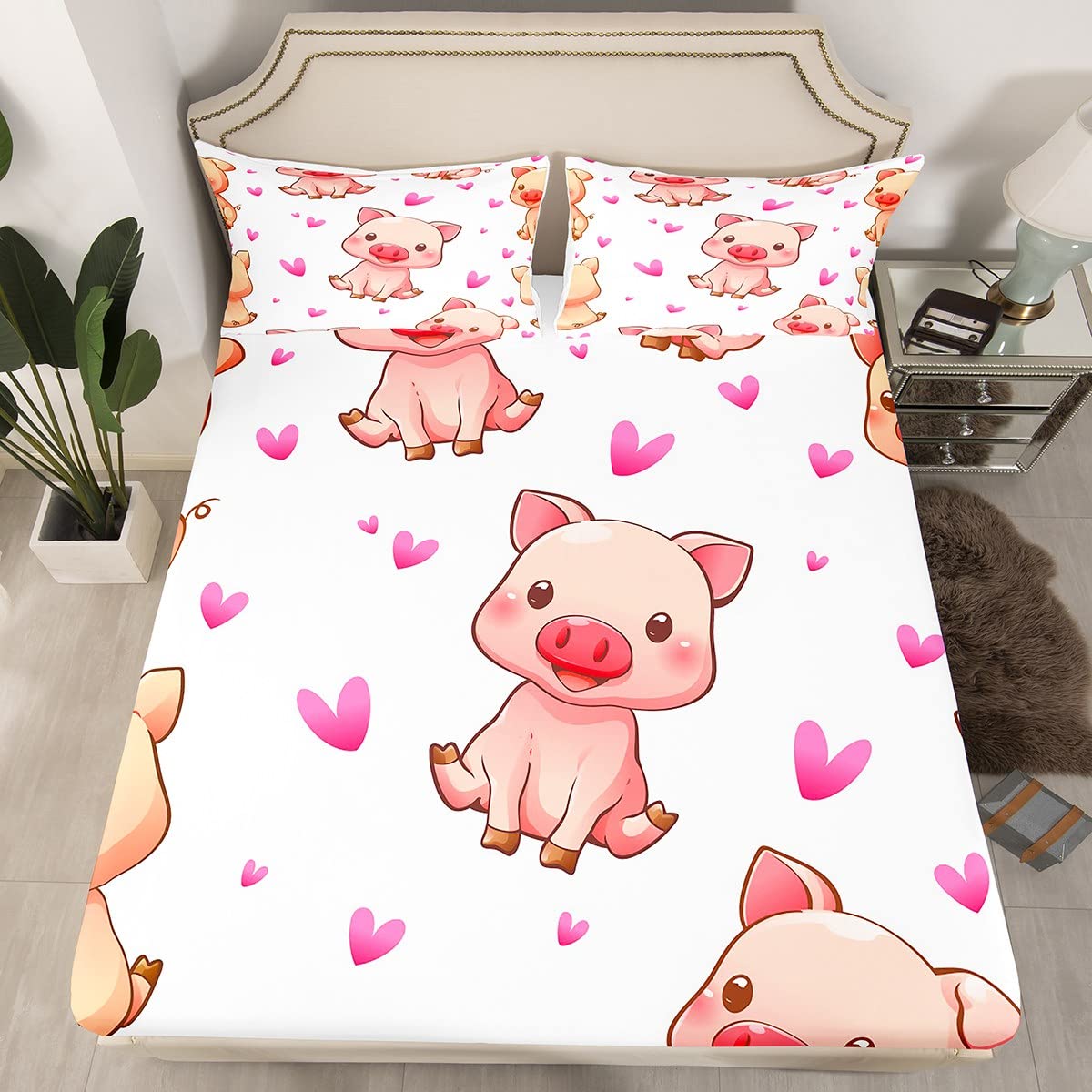 Kids Pig Bed Sheet Set Cute Animals Decor Bedding Sheets for Boys Girls Smily Square Faced Little Pigs Bedding Fitted Sheet Lovely Hearts Bed Cover with 1 Flat Sheet+1 Fitted Sheet+ 2 Pillowcase Full