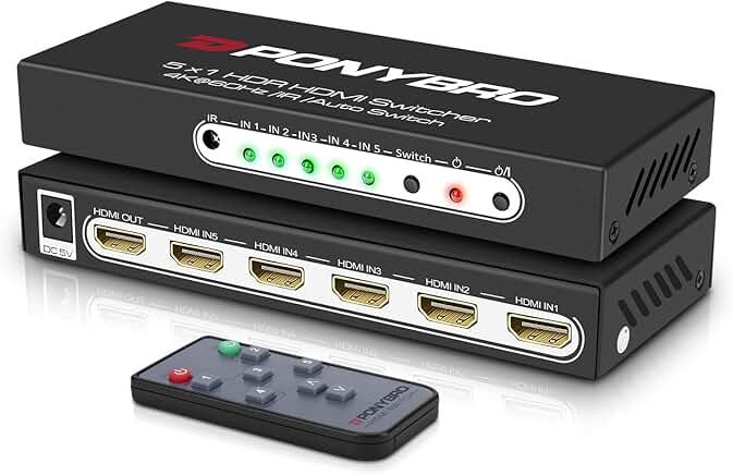 5-Port HDMI Switch 4K@60Hz Auto-Switch with Remote