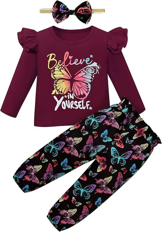 Toddler Girl Long Sleeve Ruffle Top with Floral Pants and Headband