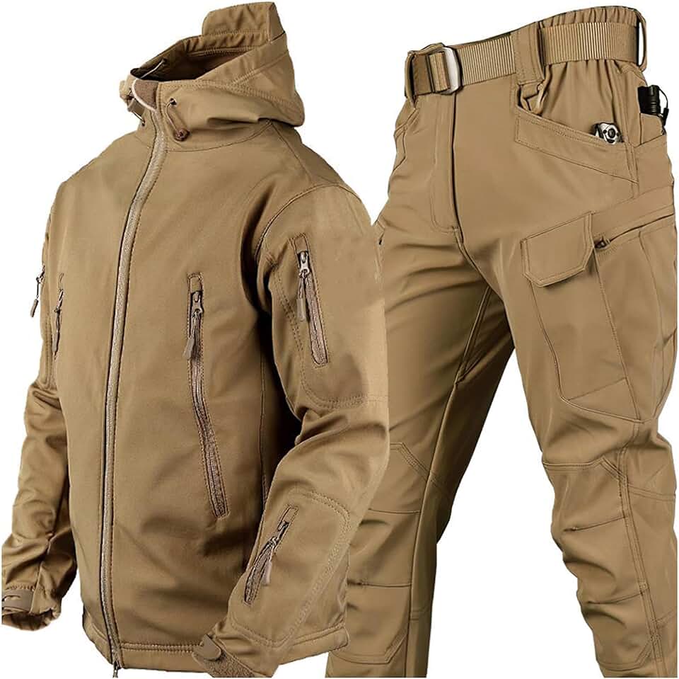 Men's Waterproof Soft Shell Hooded Tactical Jacket and Pants