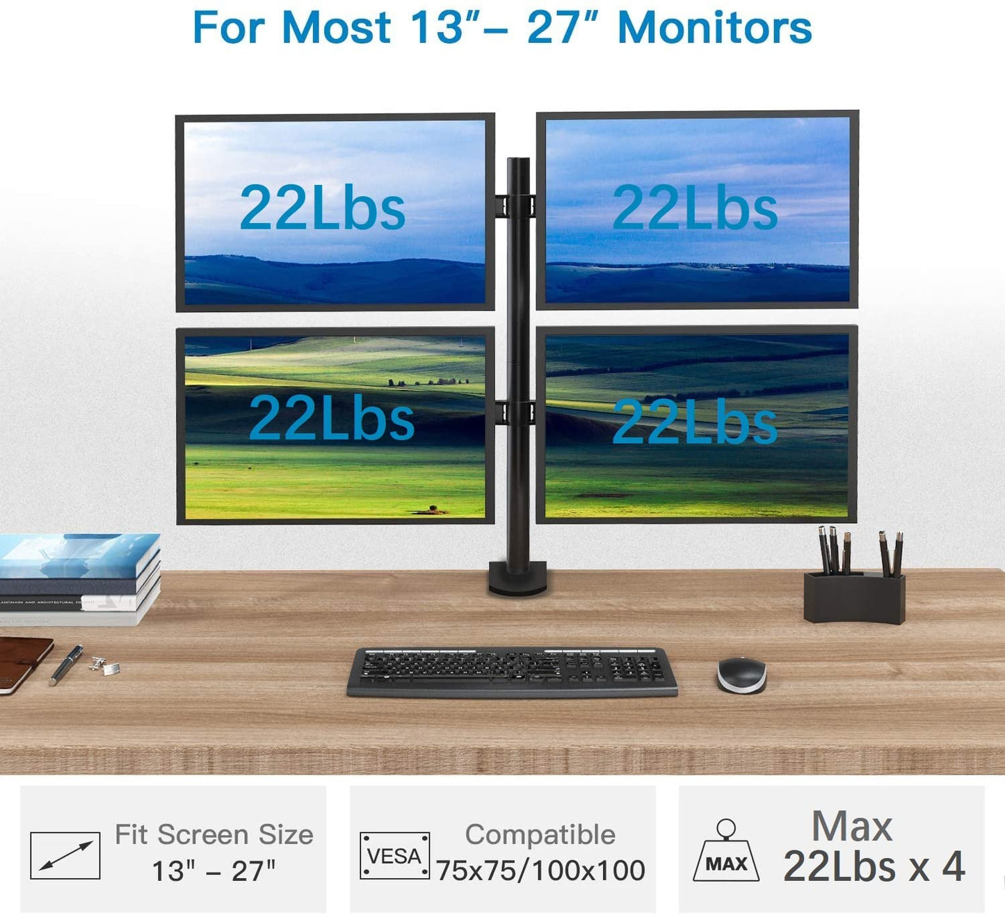 Quad Monitor Stand, 4 Monitor Stand for 13-27 inches Computer Screens with Full Articulation, Heavy Duty Monitor Desk Mount Fully Adjustable Holds up to 22LBS per Arm