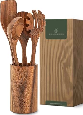 Wooden Cooking Spoons Set with Holder, 4 Pieces