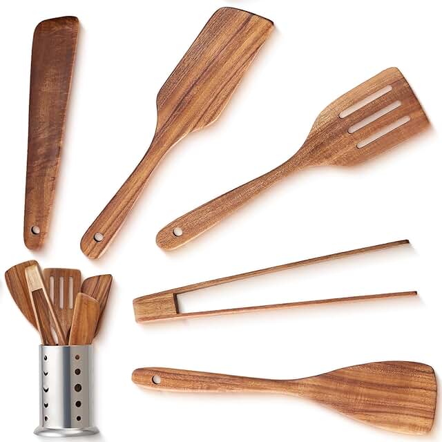 6-Piece Acacia Wood Cooking Spatula Set with Turner, Tongs, Scraper, and Holder