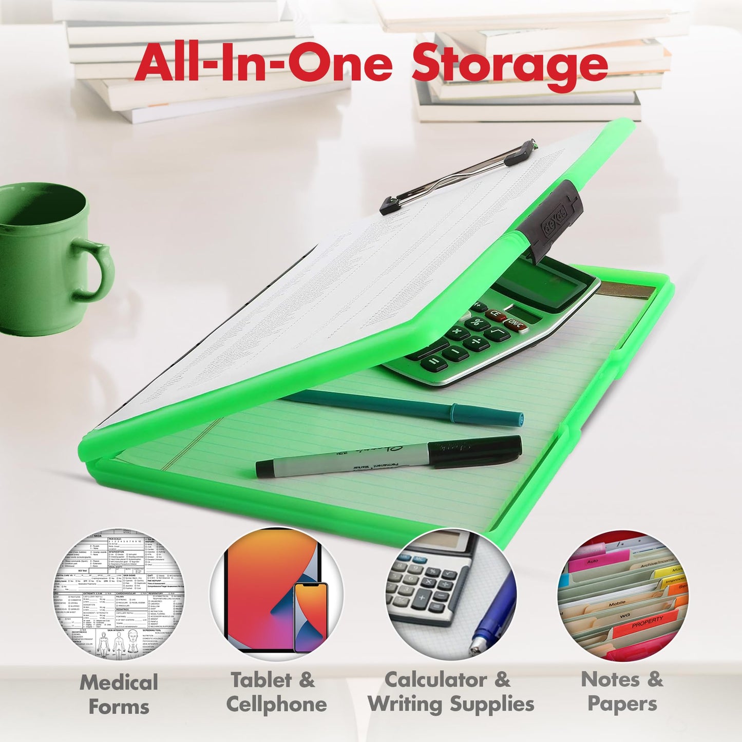 Neon Green Plastic Clipboard with Storage and Side Opening