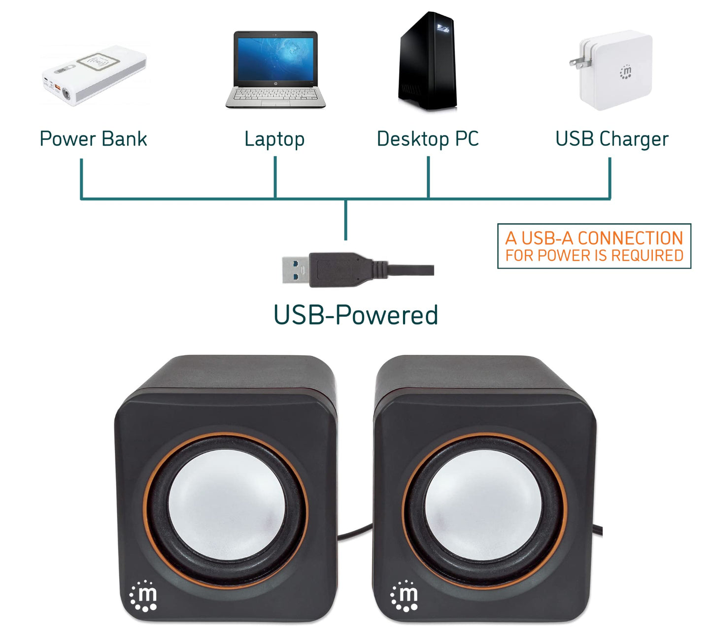 USB Powered Stereo Speaker System - Small Size - with Volume Control & 3.5 mm Aux Audio Plug to Connect to Laptop, Notebook, Desktop, Computer - 3 Yr Mfg Warranty - Black Orange, 161435