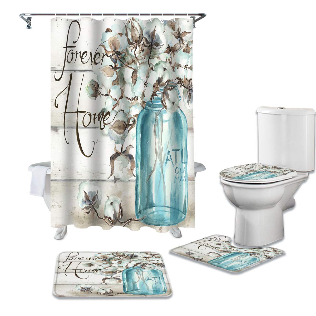 4pc Wooden Plank Bathroom Accessory Set  Non- Bath Mat, Contour Mat, Tet Lid Cover and Waterproof Shower Curtain with 12 Hooks Forever Home Mason Jar Floral