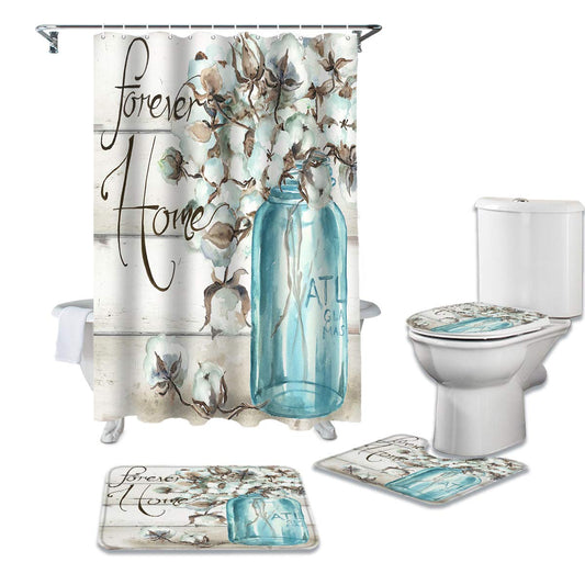 4pc Wooden Plank Bathroom Accessory Set  Non- Bath Mat, Contour Mat, Tet Lid Cover and Waterproof Shower Curtain with 12 Hooks Forever Home Mason Jar Floral