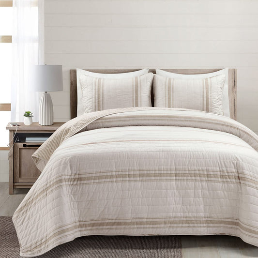 Farmhouse Stripe Reversible Cotton Duvet Cover 3 Piece Set, King, Neutral