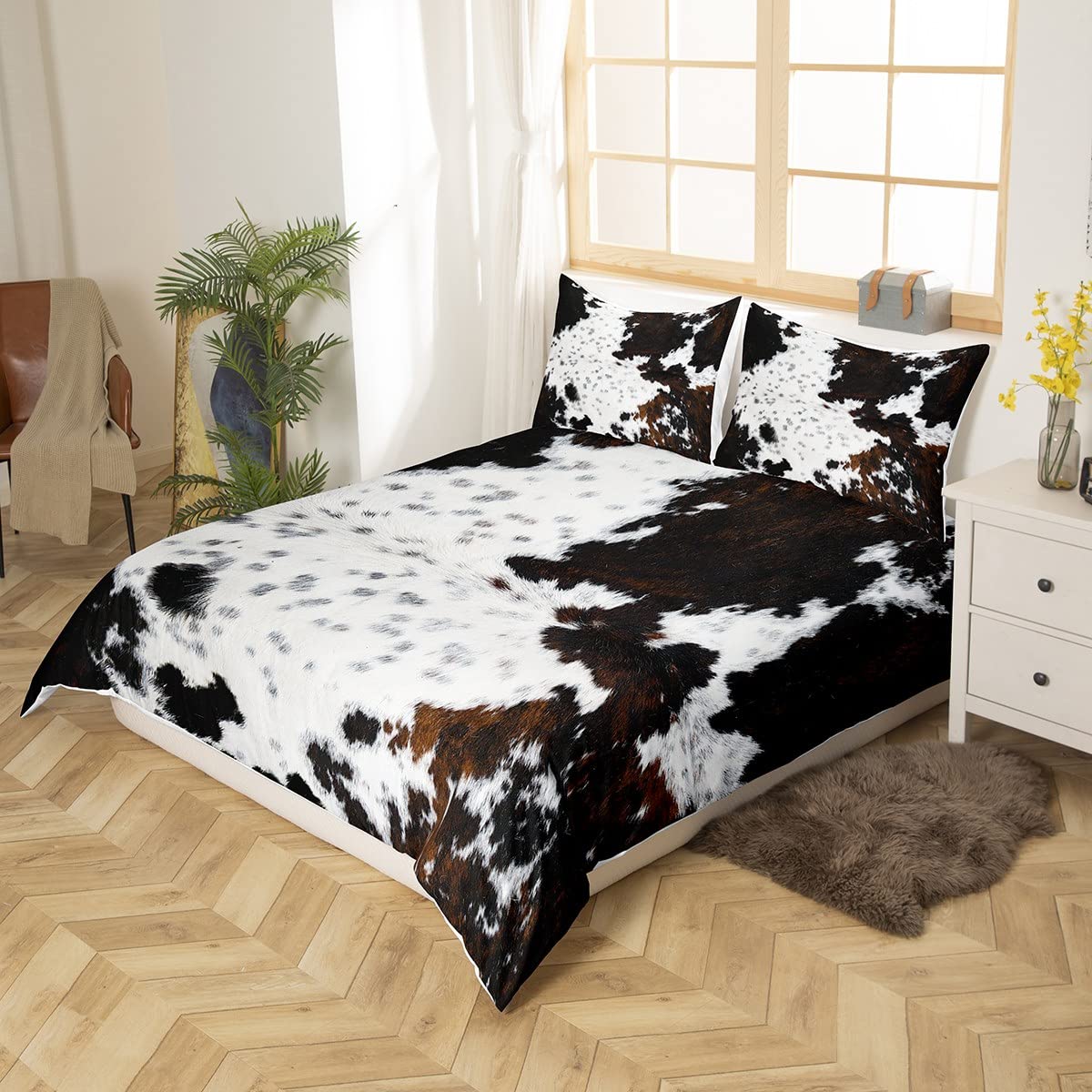 Cowhide Duvet Cover Queen Size, White Black Brown Cow Bedding Set 3Pcs for Kids Teen Adult Room Decor, Abstract Animal Print Comforter Cover Farmhouse Quilt Cover with 2 Pillowcases
