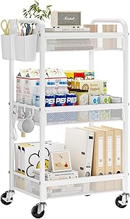 Three-Tier Metal Rolling Storage Cart with Hooks and Baskets