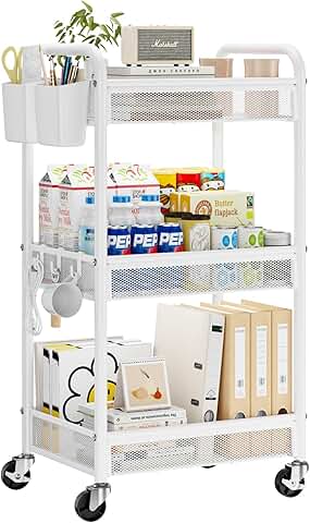 Three-Tier Metal Rolling Storage Cart with Hooks and Baskets