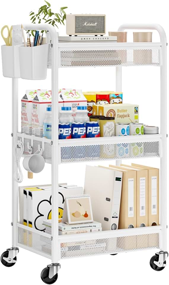Three-Tier Metal Rolling Storage Cart with Hooks and Baskets