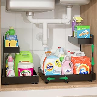 Expandable 2-Tier Under Sink Organizer, Adjustable, Black, 2 Pack