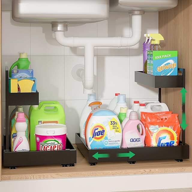 Expandable 2-Tier Under Sink Organizer, Adjustable, Black, 2 Pack