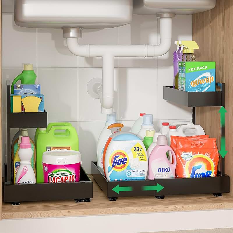 Expandable 2-Tier Under Sink Organizer, Adjustable, Black, 2 Pack
