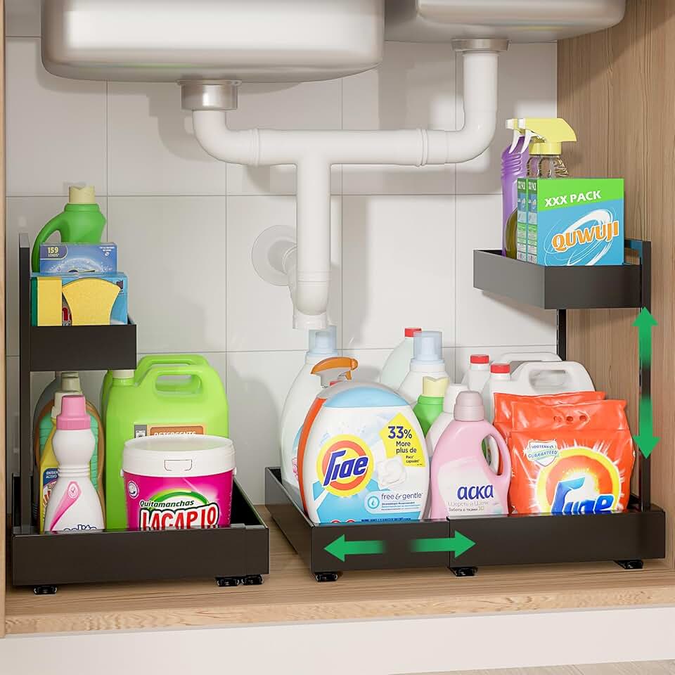 Expandable 2-Tier Under Sink Organizer, Adjustable, Black, 2 Pack