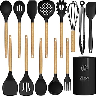 Heat-Resistant Silicone Cooking Utensil Set with Wooden Handles