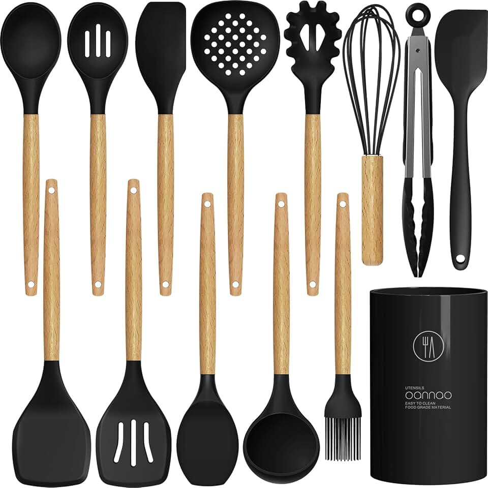 Heat-Resistant Silicone Cooking Utensil Set with Wooden Handles