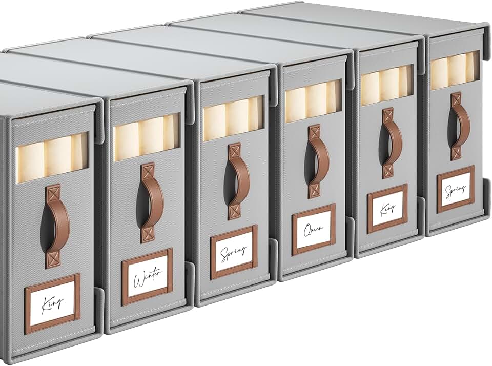 Six Gray Bed Sheet Storage Boxes with Handles