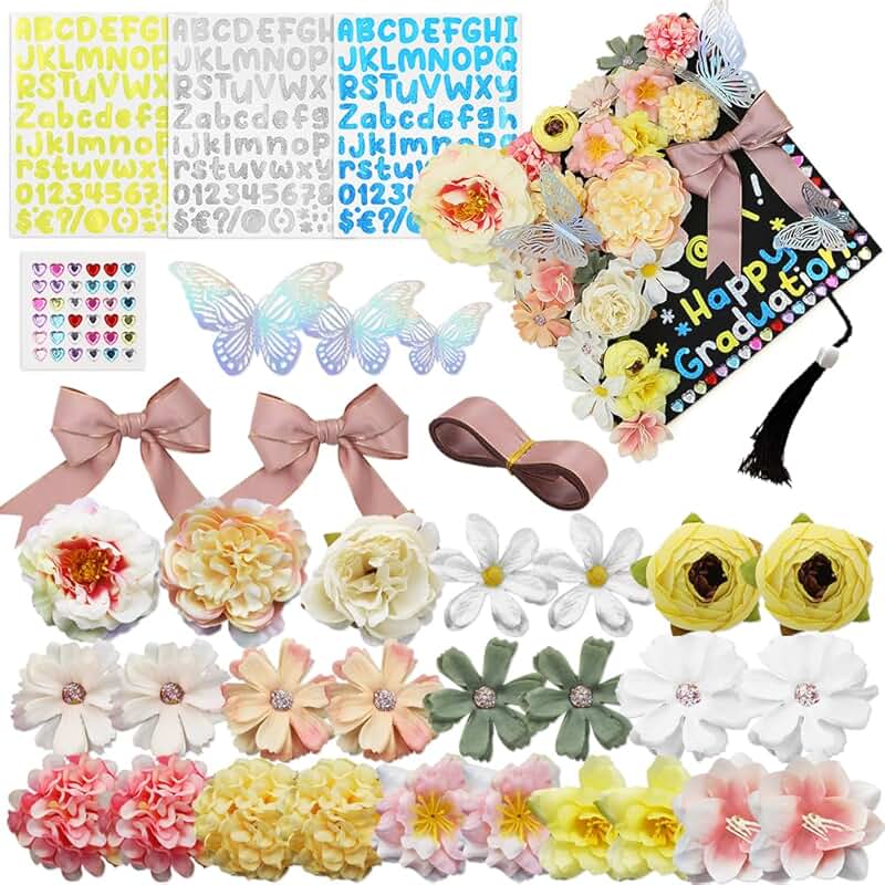 Graduation Cap Decorations Kit with Flowers, Butterflies, Rhinestones, and Letters