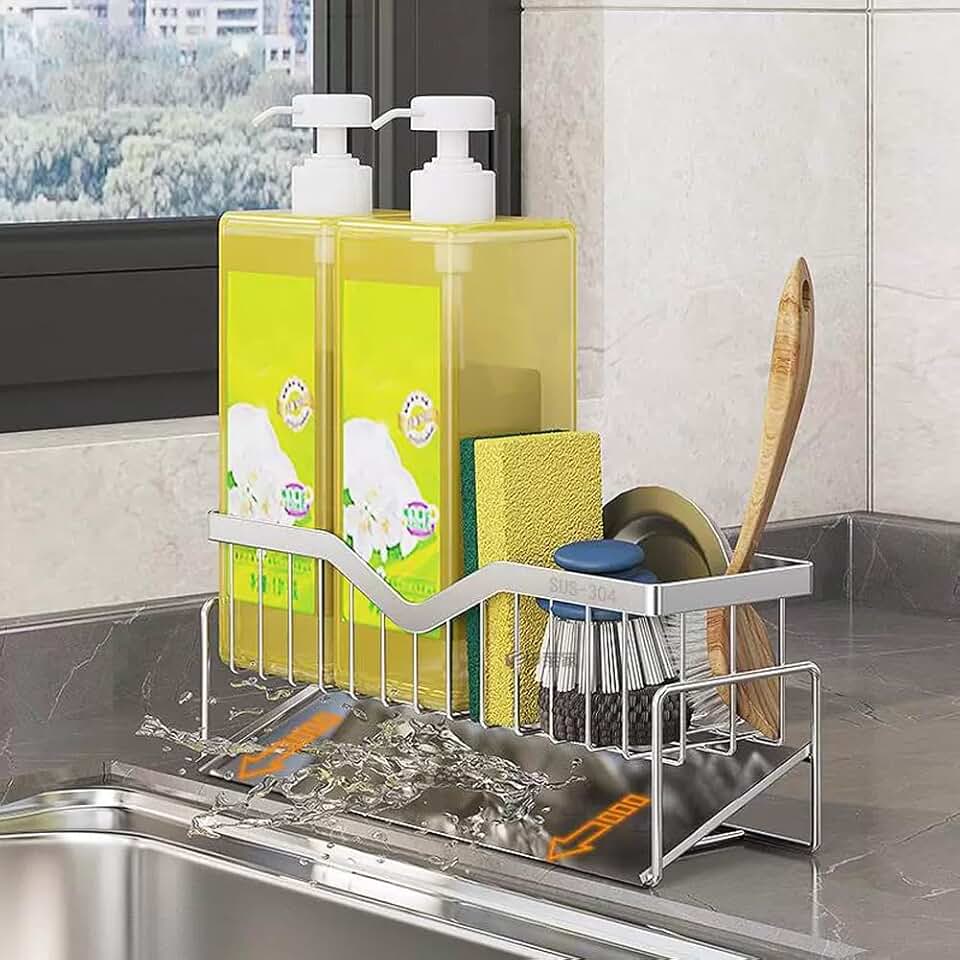Large Stainless Steel Sink Sponge Holder with Drain