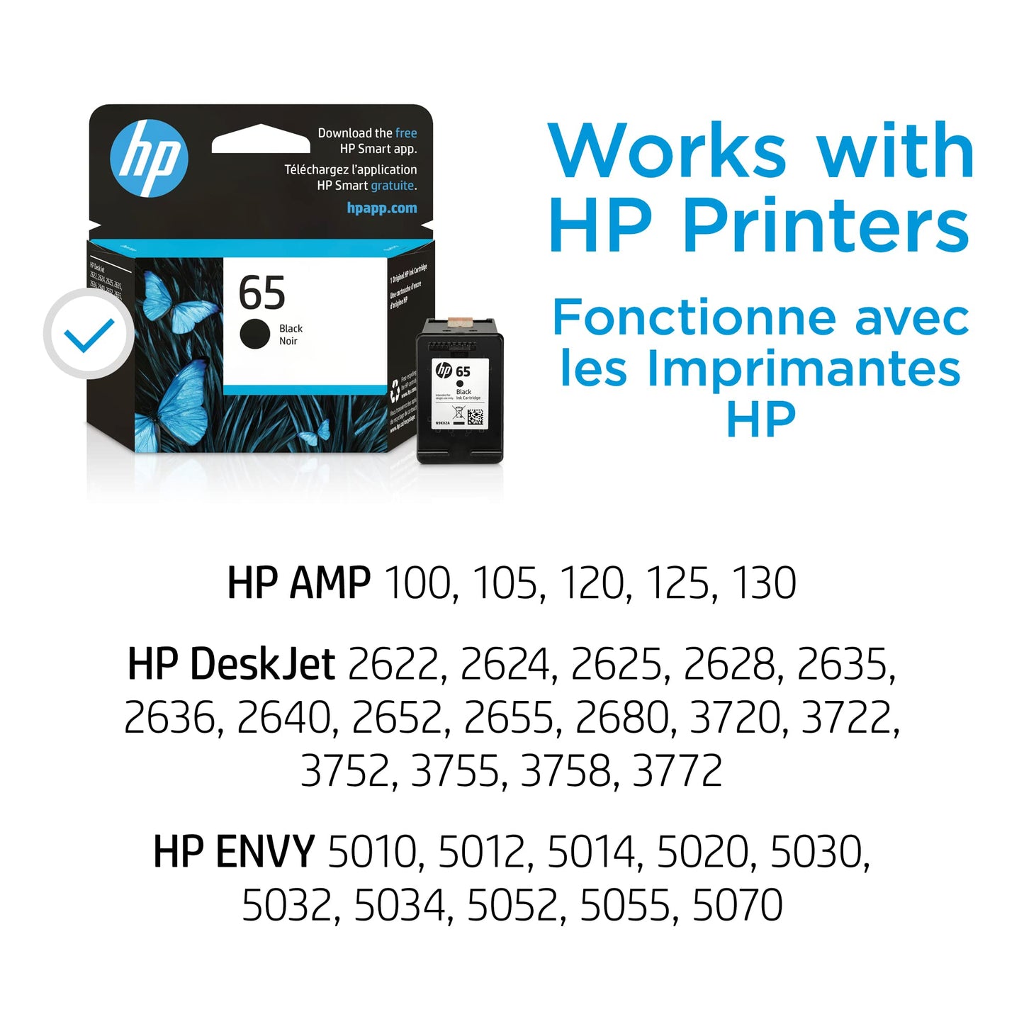 Original 65 Black Ink Cartridge | Works with AMP 100 Series, DeskJet 2600, 3700 Series, ENVY 5000 Series | Eligible for Instant Ink | N9K02AN