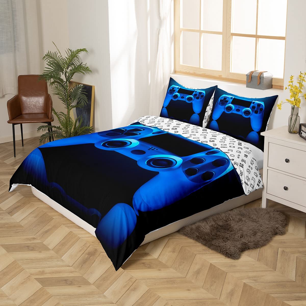 Gamepad Comforter Cover Set Games Bedding Set Boys Teen Kids Girls Player Gaming Videogame Controller Decor Soft Duvet Cover Modern Gamer Quilt Set,1 Duvet Cover with 1 Pillow Case, Twin Size,Blue