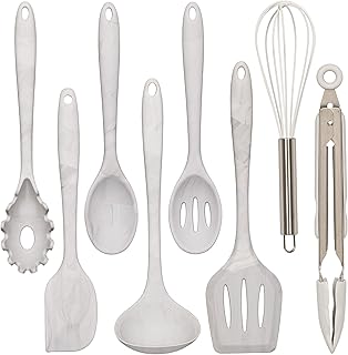 Set of 8 silicone kitchen utensils in white marble style