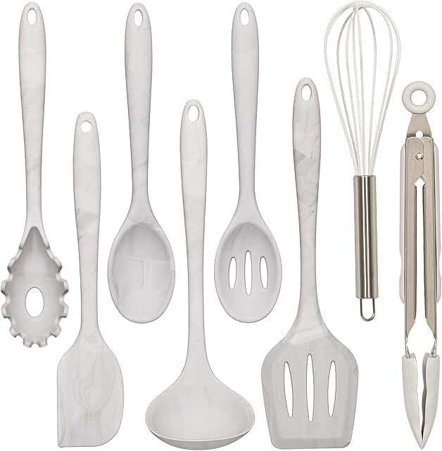 Set of 8 silicone kitchen utensils in white marble style