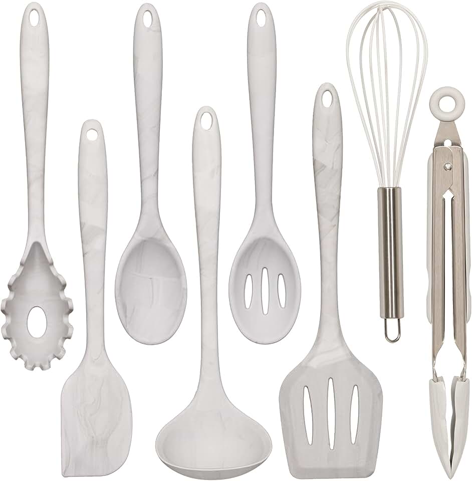 Set of 8 silicone kitchen utensils in white marble style