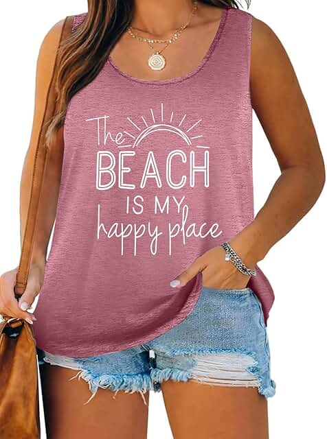 Plus Size Beach Tank Top with "The Beach is My Happy Place" Graphic