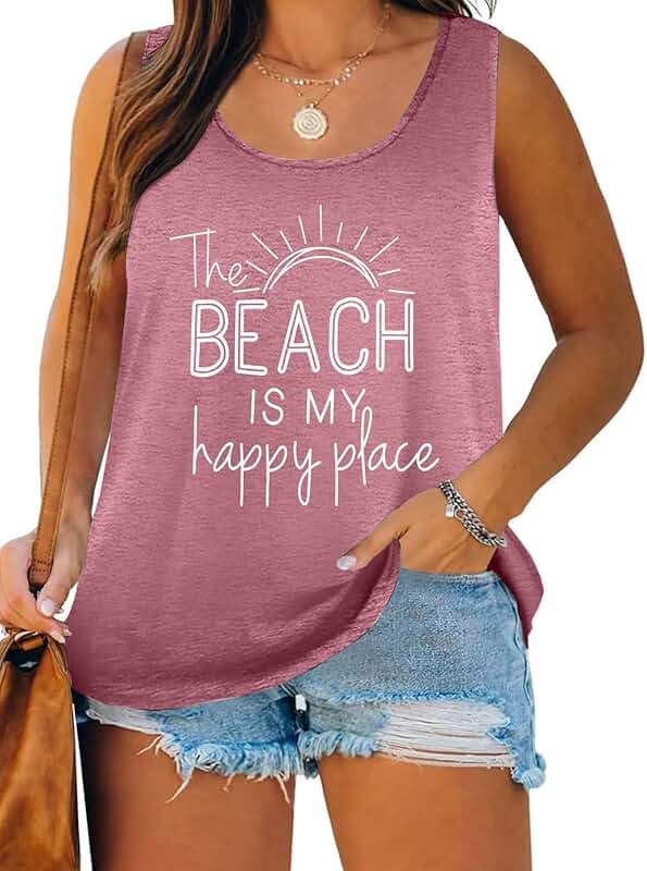 Plus Size Beach Tank Top with "The Beach is My Happy Place" Graphic