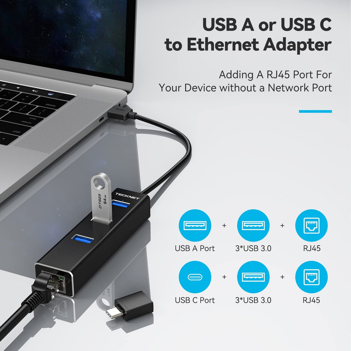USB to Ethernet Adapter, USB C to Ethernet, Aluminum 3 Port USB 3.0 Hub with RJ45 10/100/1000 Gigabit Ethernet Adapter Converter LAN Wired, USB Network Adapter with USB C Adapter for Laptop
