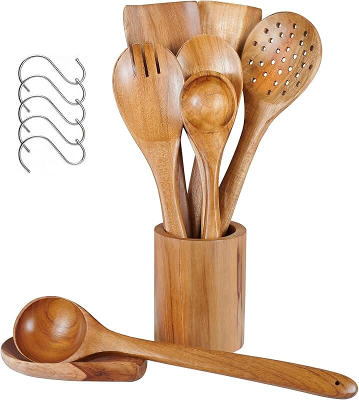 Wooden Cooking Spatula and Spoon Set with Holder