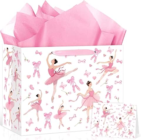Pink Ballerina Birthday Gift Bag with Tissue and Card