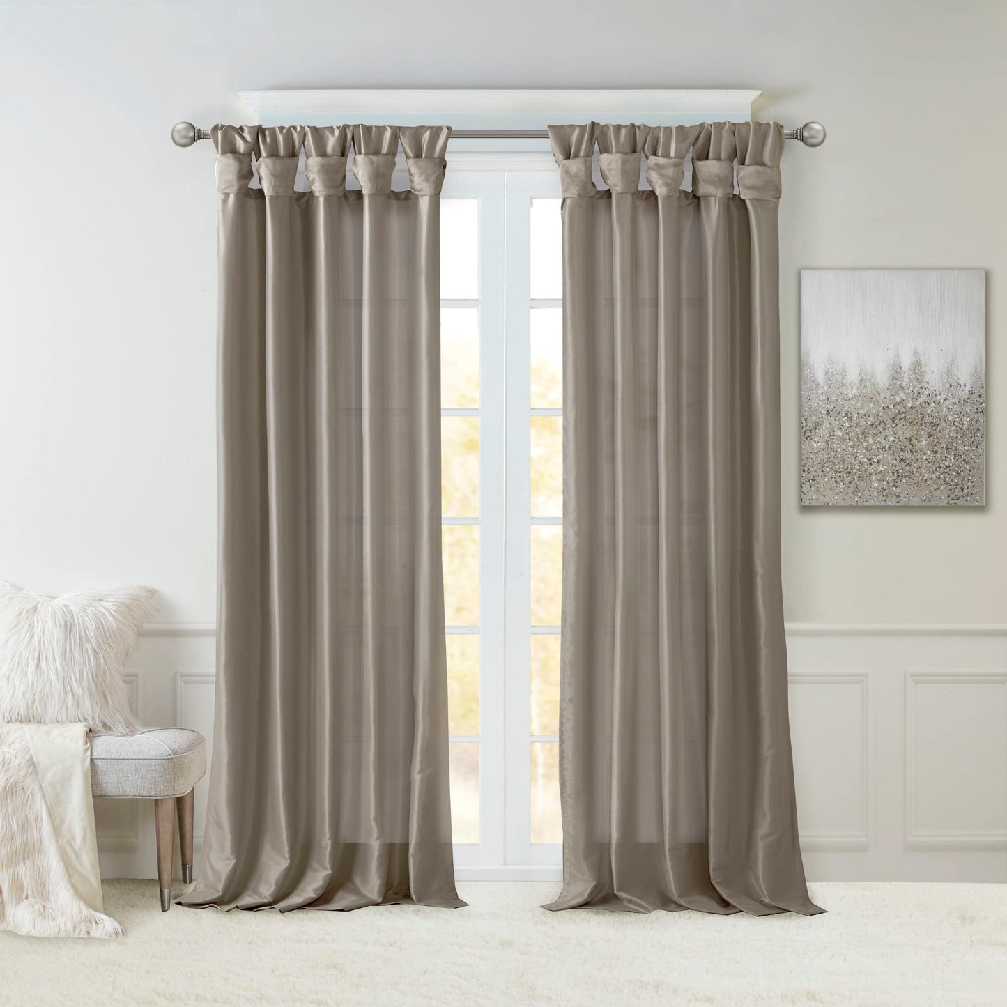 Emilia Faux Silk Single Curtain with Privacy Lining, DIY Twist Tab Top, Window Drape for Living Room, Bedroom and Dorm, 50x95, Pewter Brown
