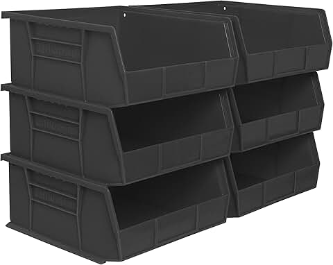 Stackable Plastic Storage Bins, 11x11x5, Black, 6-Pack