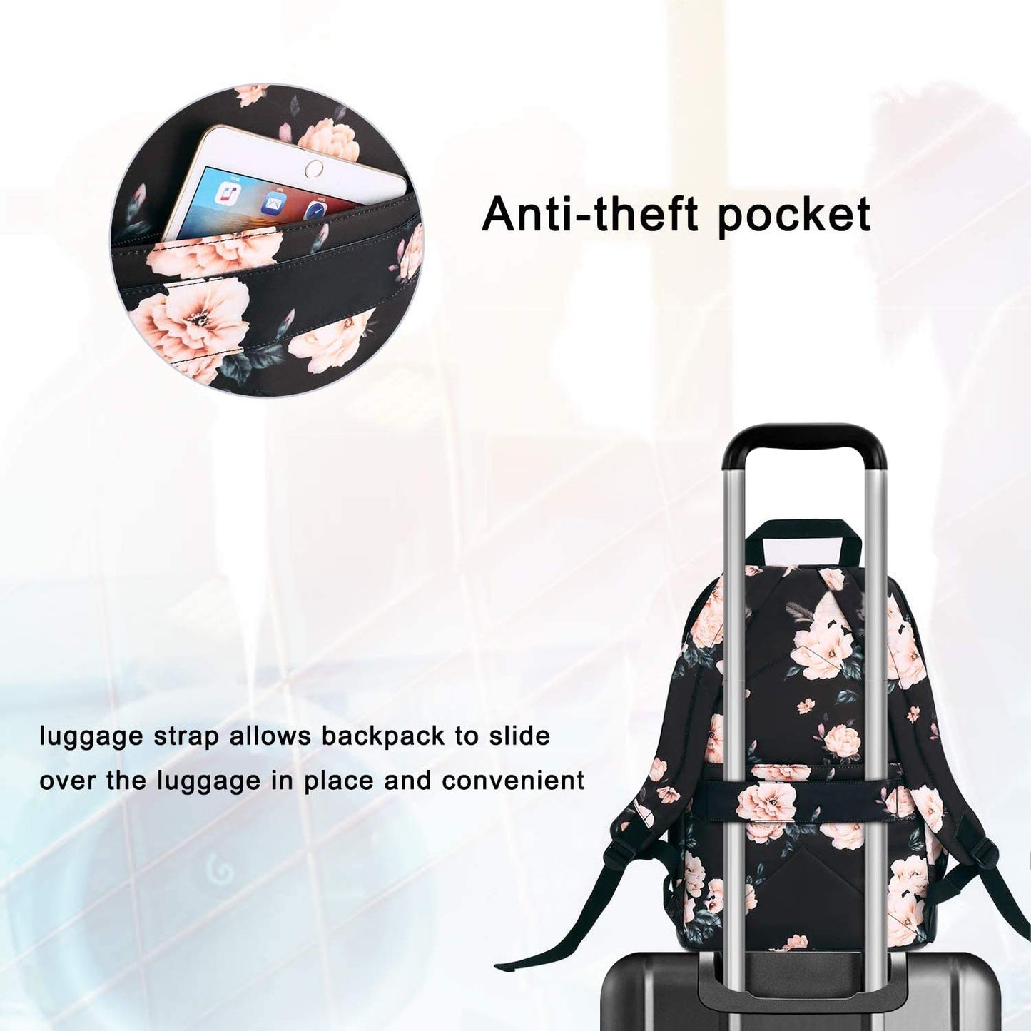 15.6-16 inch Laptop Backpack for Women Girls, Polyester Anti-Theft Stylish Casual Daypack Bag with Luggage Strap & USB Charging Port, Camellia Travel Business College School Bookbag, Black