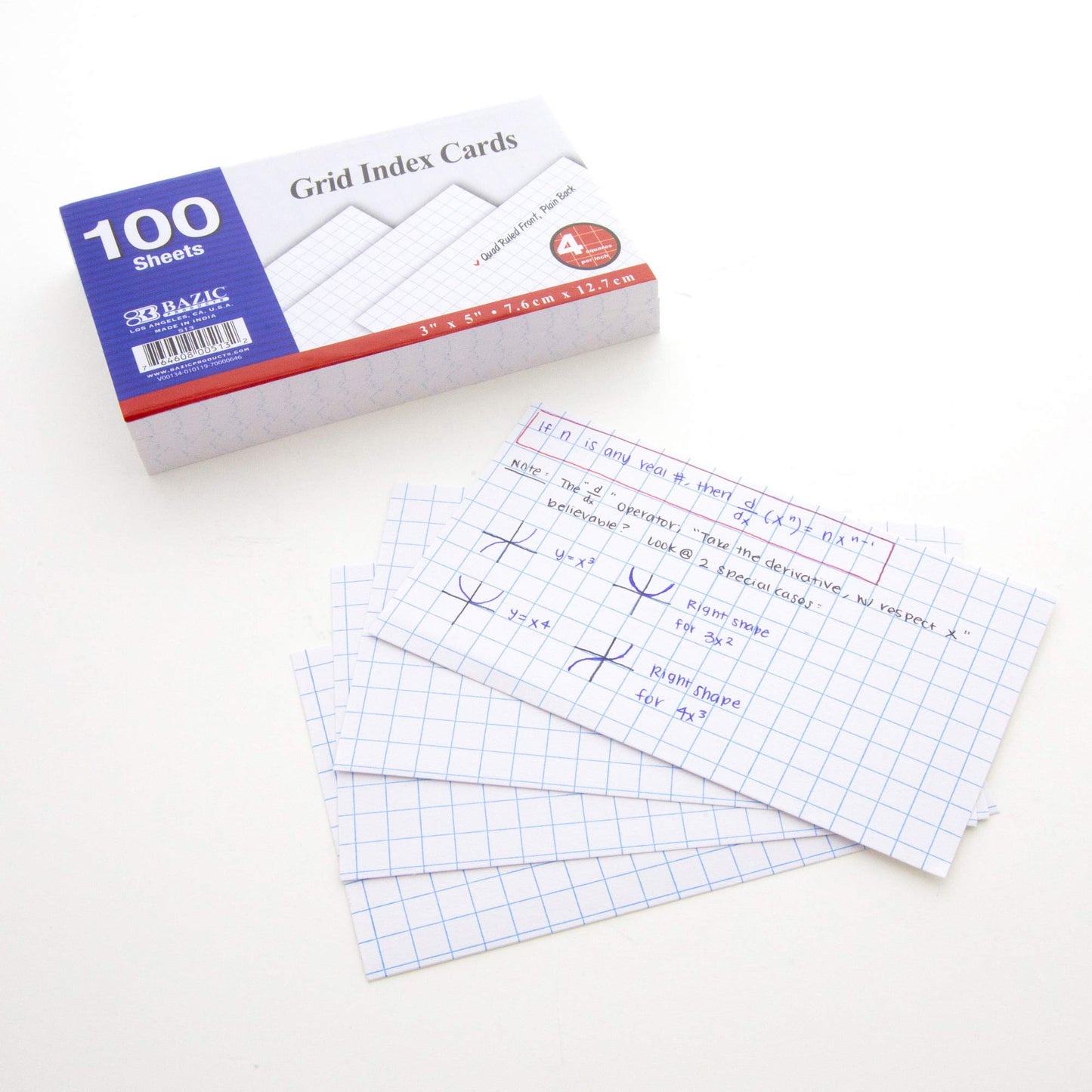 White 3x5 Quad Ruled Index Cards, 100 Pack
