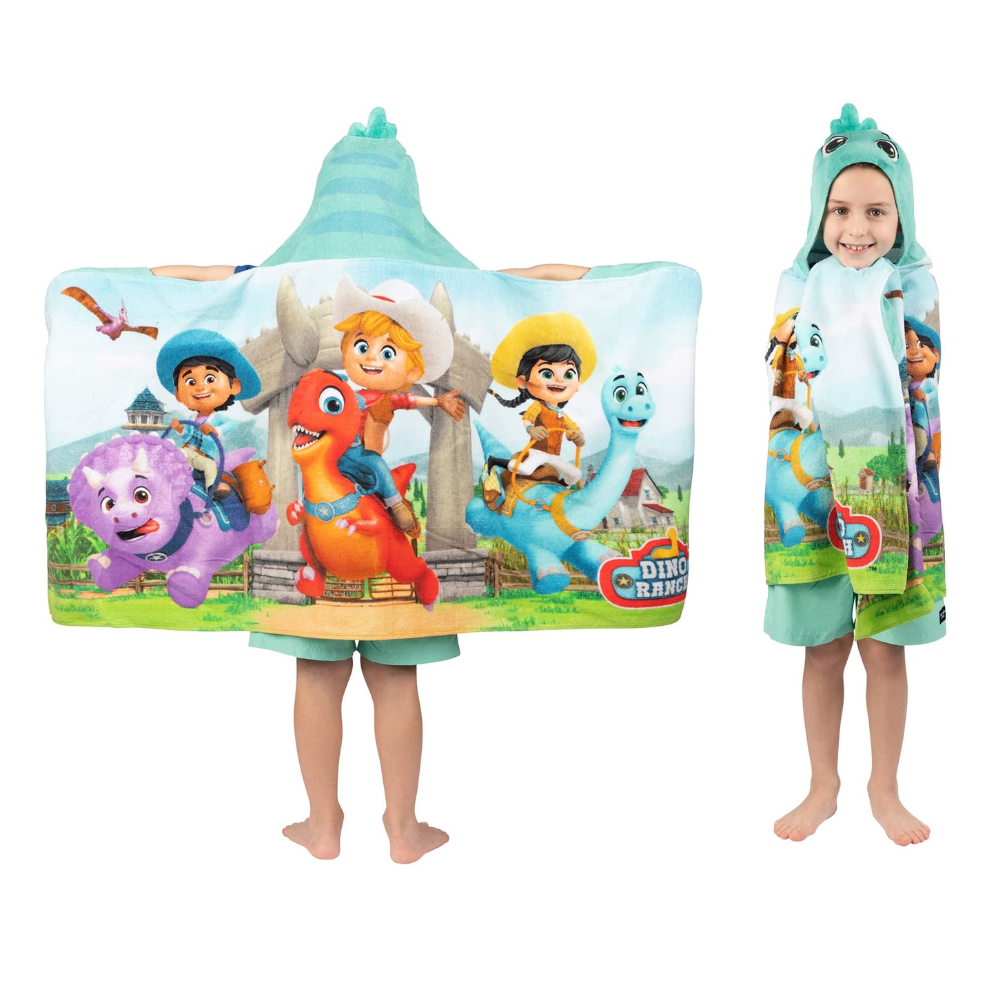 Dino Ranch Bath/Pool/Beach Soft Cotton Terry Hooded Towel Wrap, 24 in x 50 in, By Kids